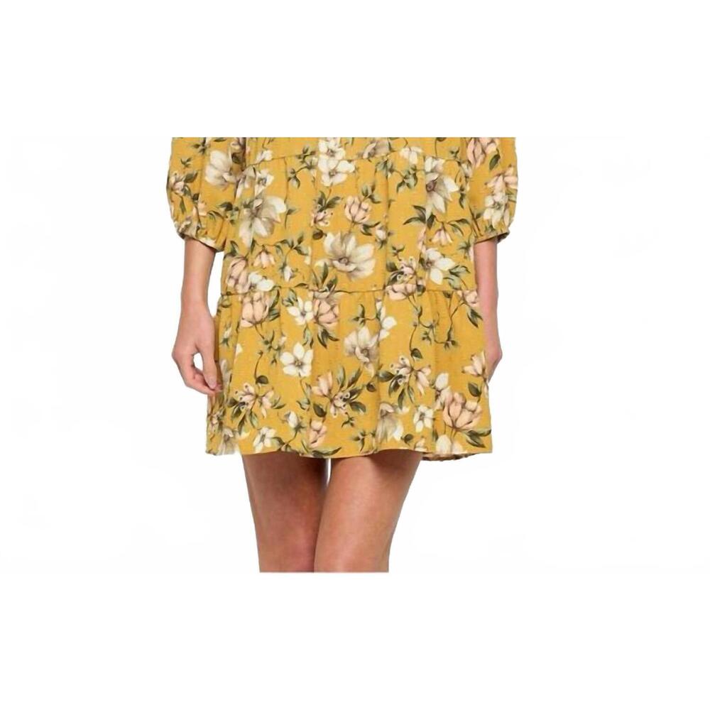 NEW ACCENT ACCESSORIES elsie tiered smock mini dress in mustard yellow floral